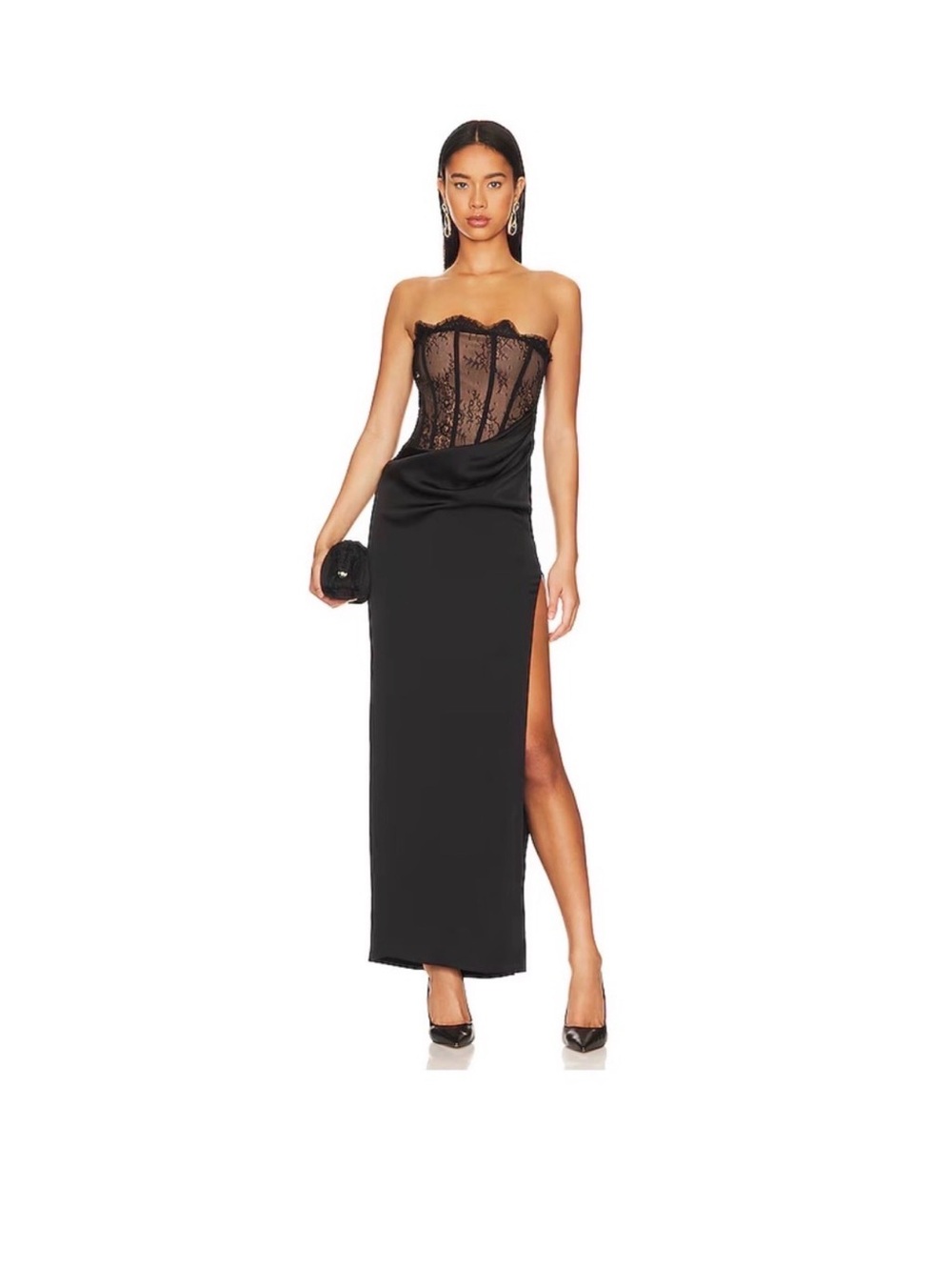NBD Black Strapless Lace Corset Maxi Dress with Side Slit